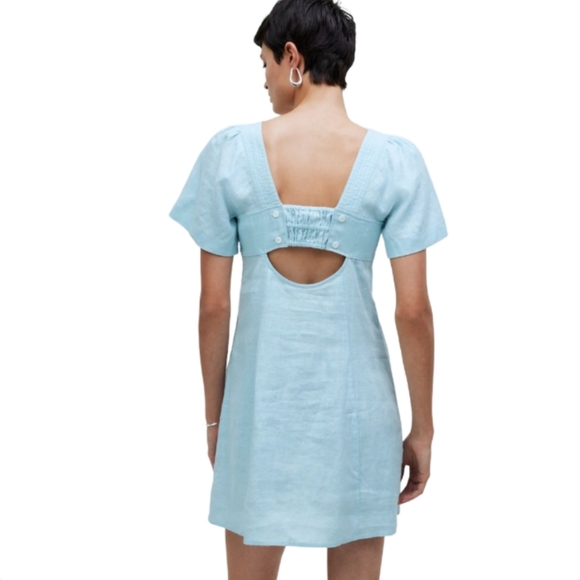 Madewell Square Neck Cutout Mini Dress 100% Linen Light Blue Size 10 NWT - Picture 4 of 13
